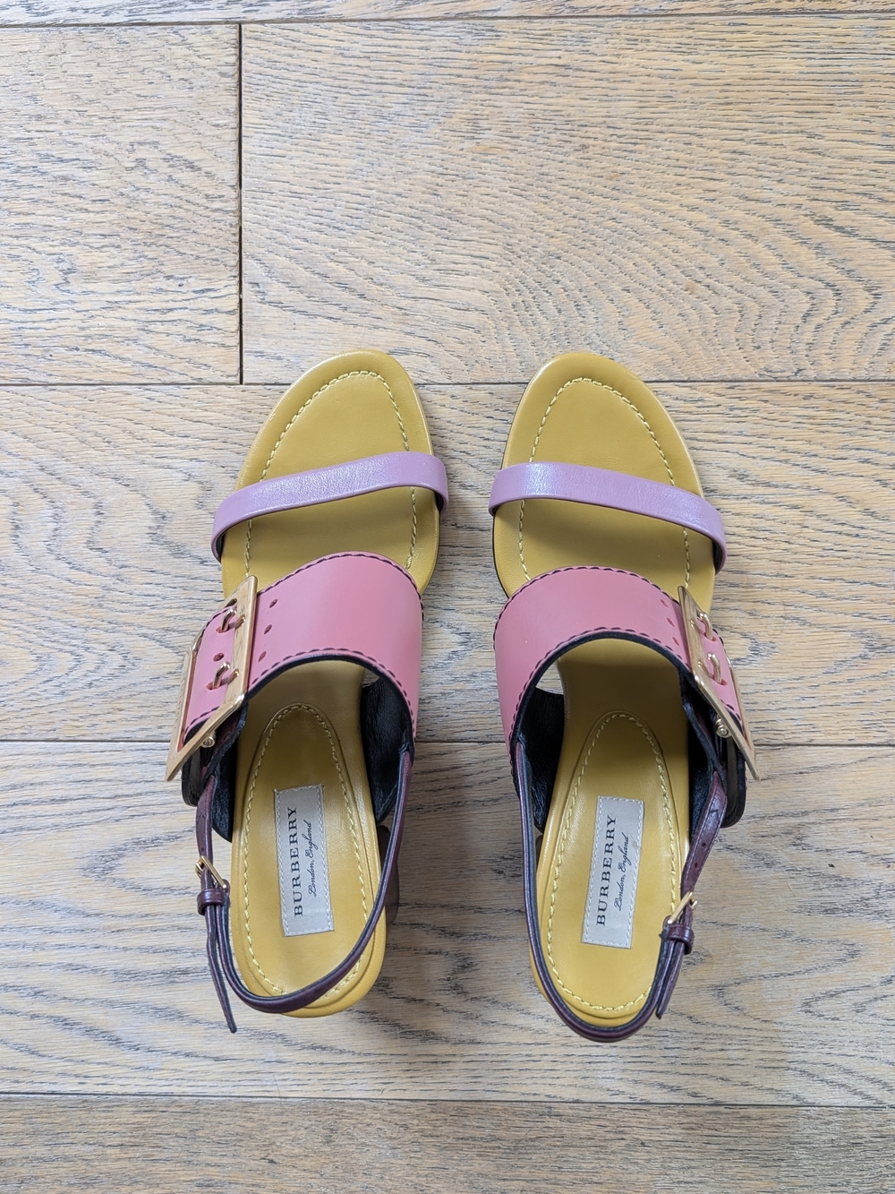 Burberry Pink & Yellow Leather Buckle Sandals